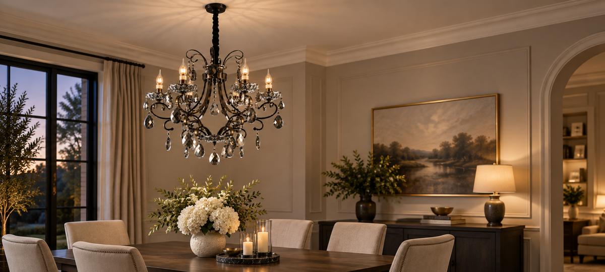 Candelabru Cristal BARO Regalis, Φ80cm, 8xE14, Inaltime Reglabila, Metal si Cristal, Negru