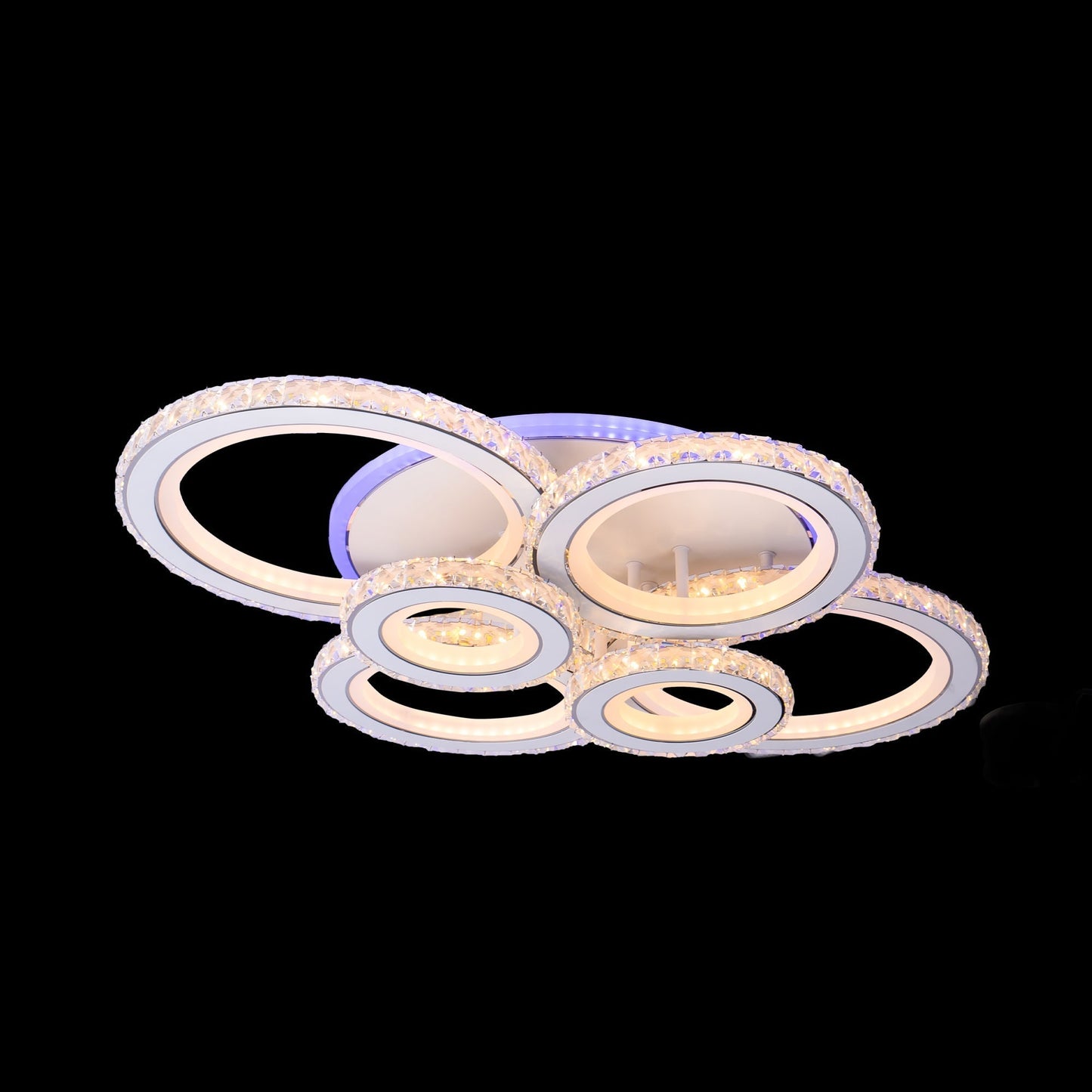 Lustra LED cu telecomanda si cristal NOVA ROTONDA RGB 154W, 6 Cercuri, lumina Rece/Calda/Neutra, Dimabila, Alb