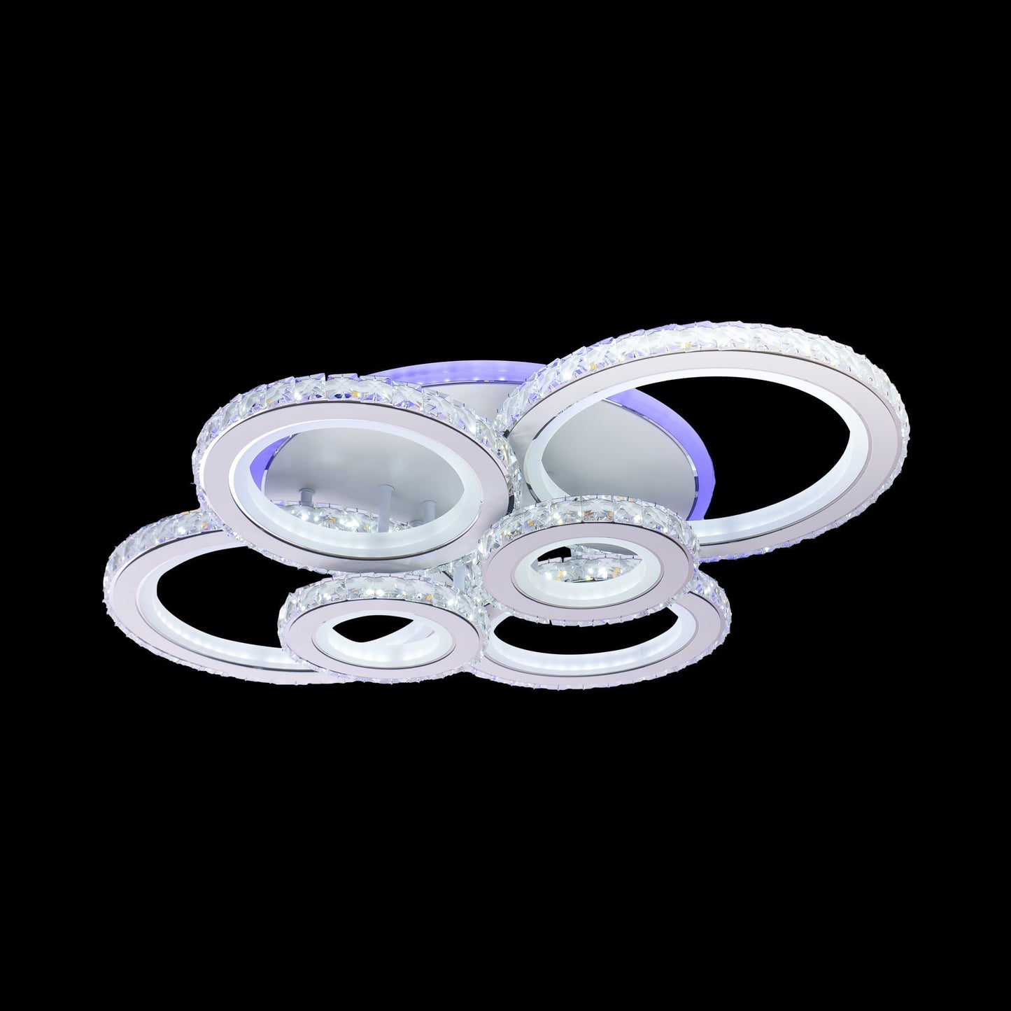Lustra LED cu telecomanda si cristal NOVA ROTONDA RGB 154W, 6 Cercuri, lumina Rece/Calda/Neutra, Dimabila, Alb