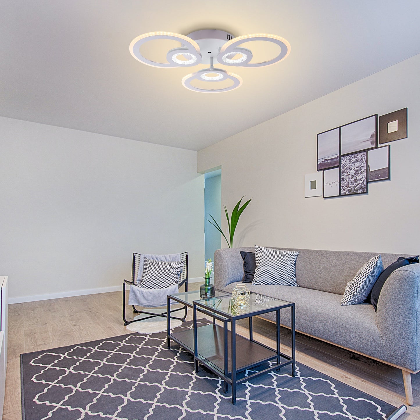 Lustra LED cu telecomanda KADE 80W, 3 Cercuri, lumina Rece/Calda/Neutra, Dimabila, Alb