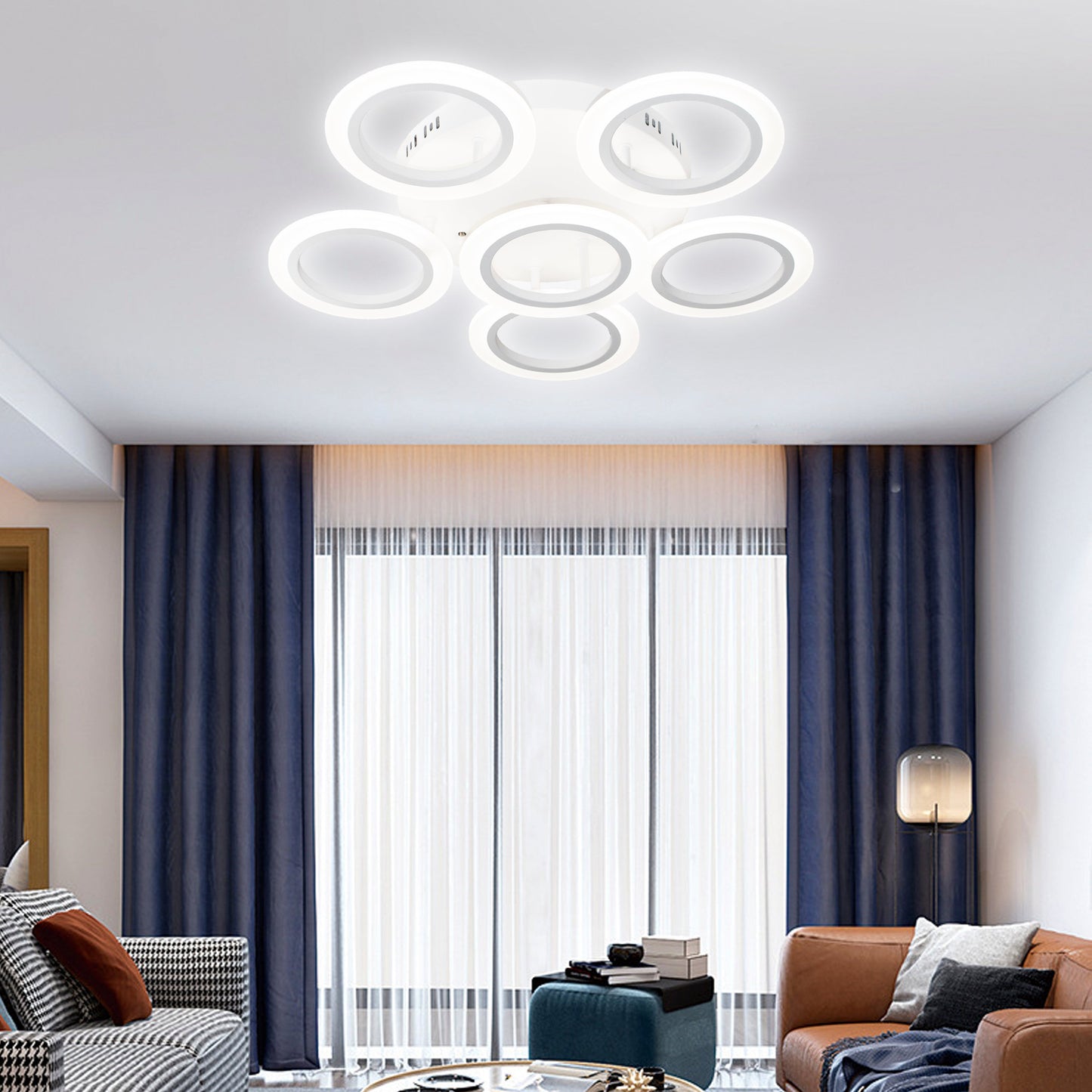 Lustra LED cu telecomanda BOEME 50W, 6 Cercuri, lumina Rece/Calda/Neutra, Dimabila, Alb