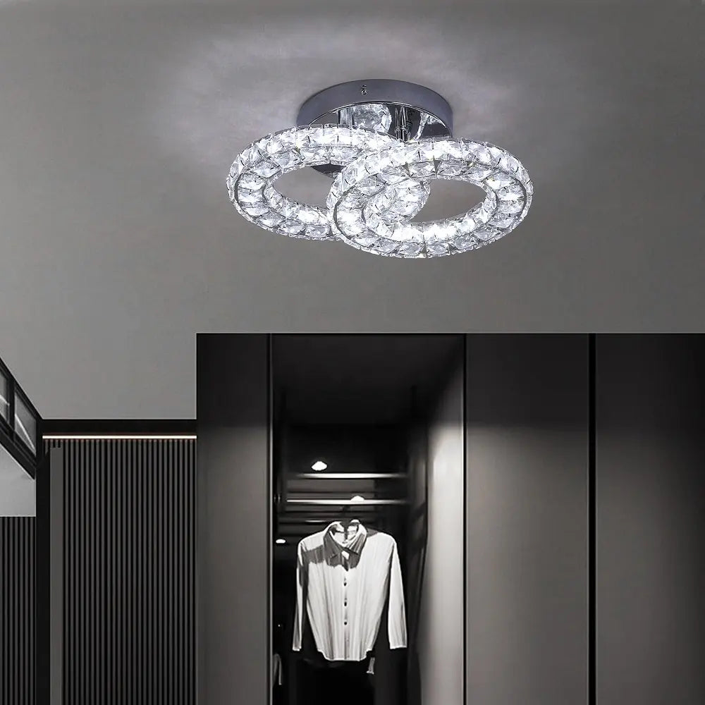 Lustra LED cu telecomanda si cristal ZABINA 32W, 2 Cercuri, lumina Rece/Calda/Neutra, Dimabila, Crom Lucios