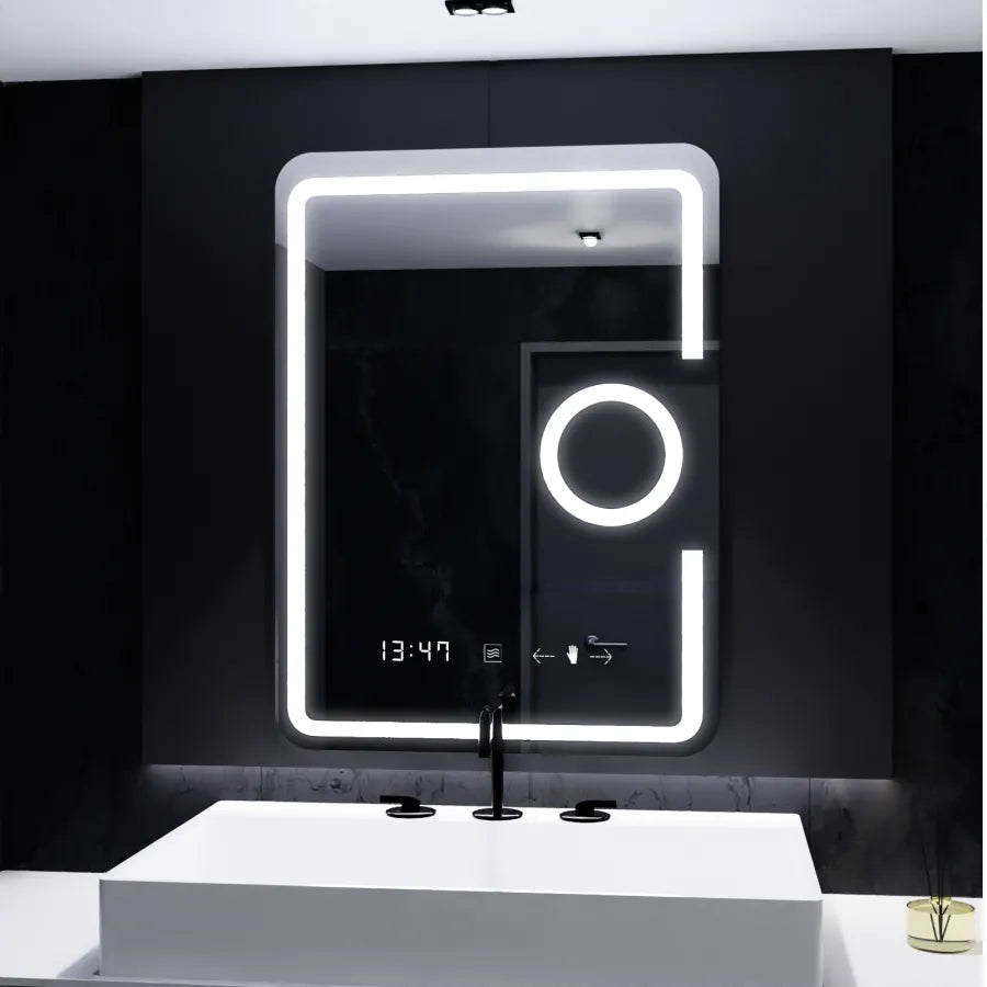 Oglinda LED Rectangulara, 60x80cm, Eclat MotionGlow Marcello, Ceas & Termometru, Sistem Dezaburire, Lupa Cosmetica, Dimabila