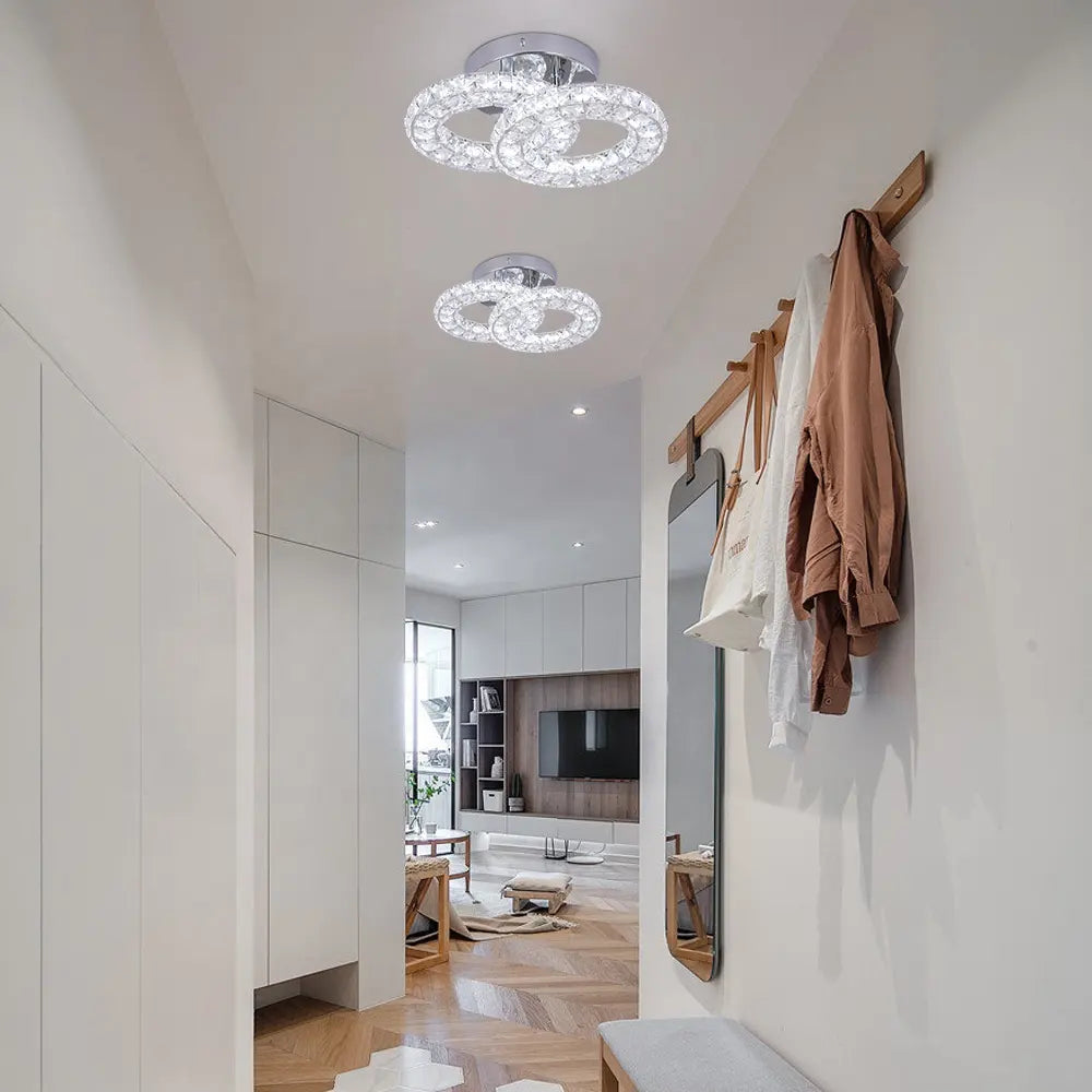 Lustra LED cu telecomanda si cristal ZABINA 32W, 2 Cercuri, lumina Rece/Calda/Neutra, Dimabila, Crom Lucios