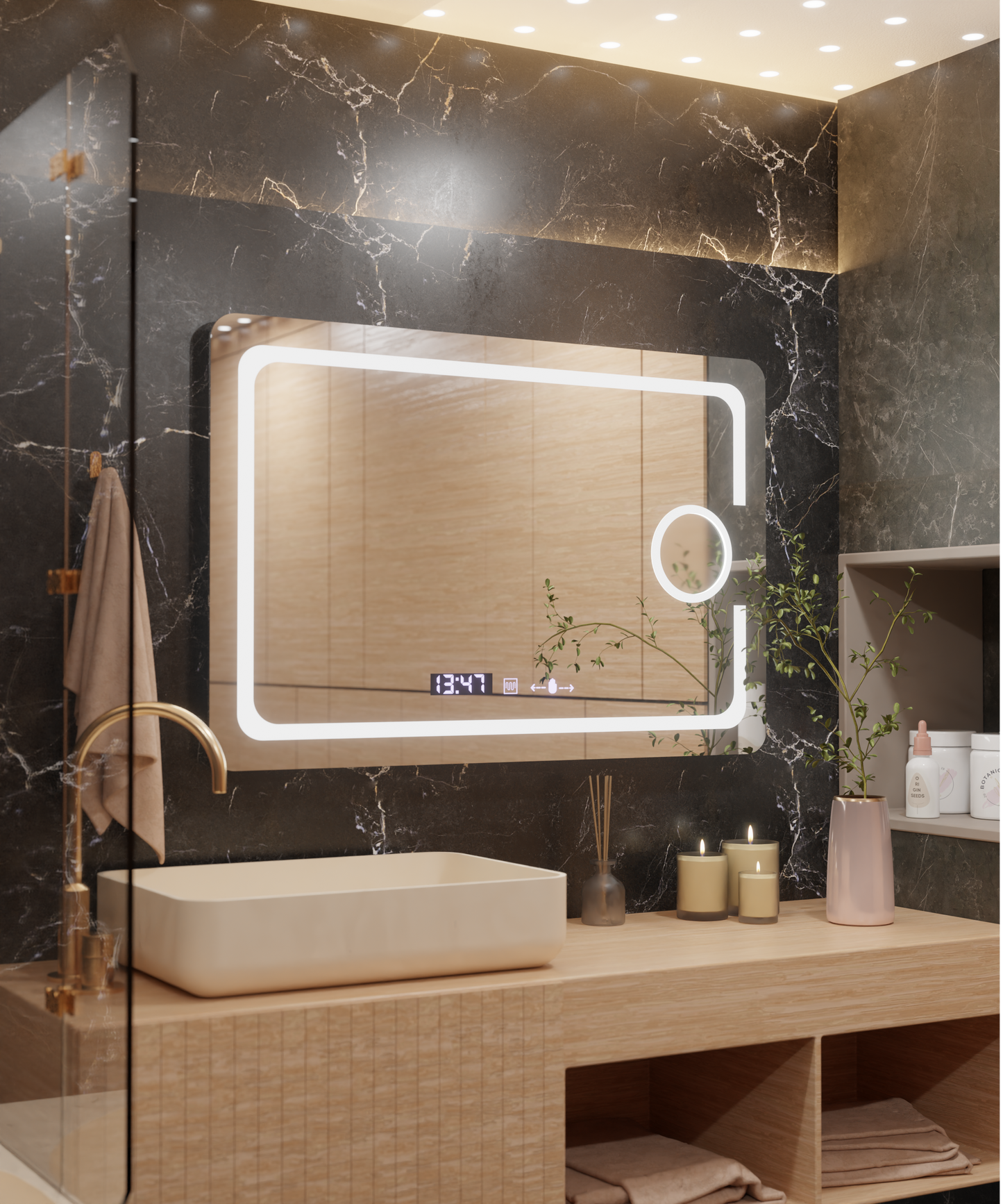 Oglinda LED Rectangulara, 110x75cm, Eclat MotionGlow Marcello, Sistem Dezaburire, Ceas & Termometru, Lupa Cosmetica, Dimabila