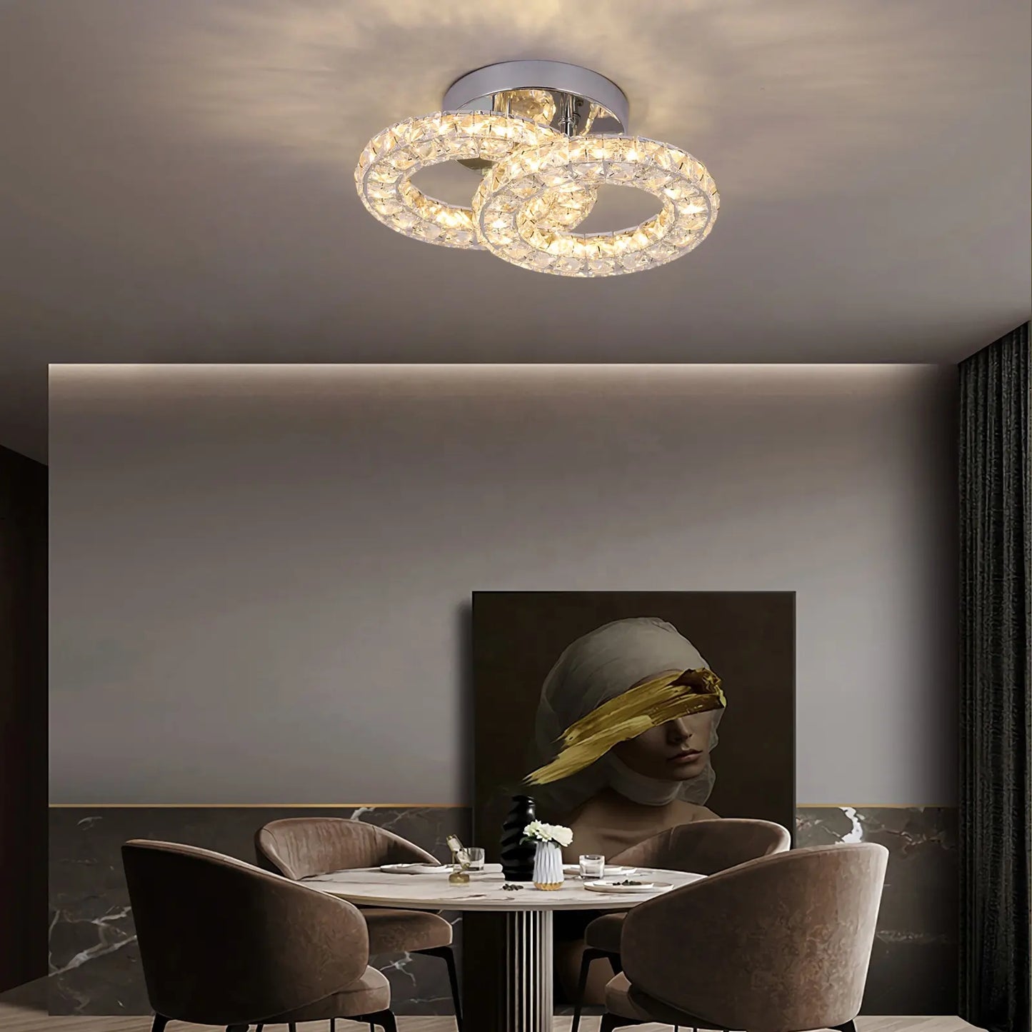 Lustra LED cu telecomanda si cristal ZABINA 32W, 2 Cercuri, lumina Rece/Calda/Neutra, Dimabila, Crom Lucios