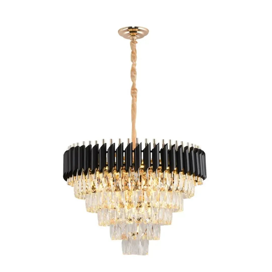 Candelabru Cristal VERSAILLES Magno 8xE14, Diametru 60cm, Auriu Lucios si Negru, Inaltime Reglabila