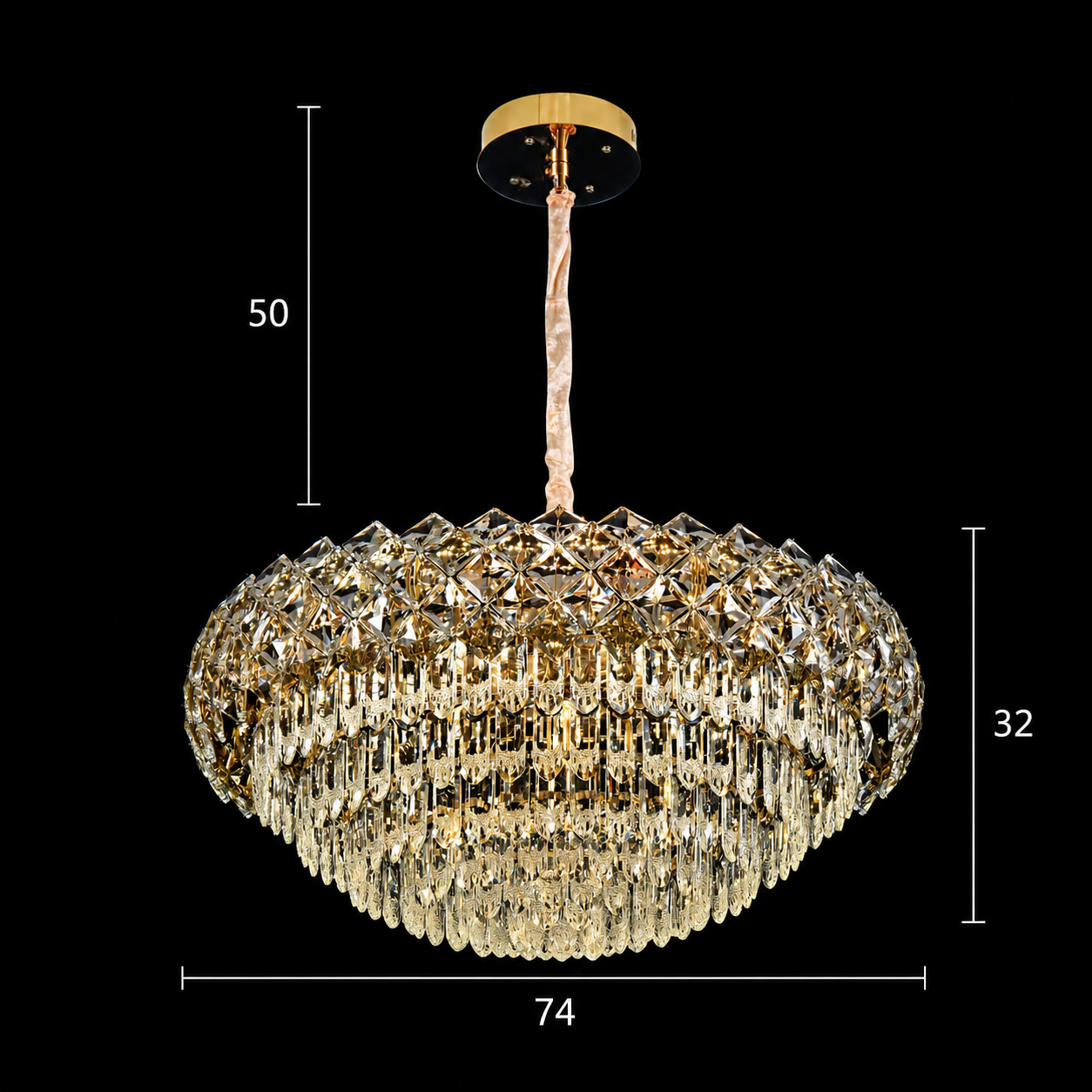 Candelabru Cristal BANO Regalis, 108W, 9xE14, Inaltime Reglabila, Metal si Cristal, Auriu