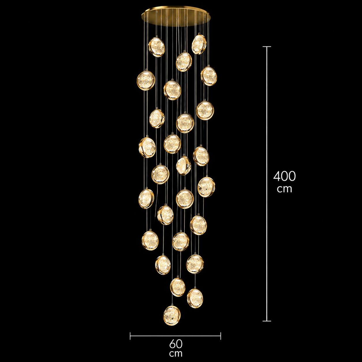 Candelabru Cristal FRAME LED cu Telecomanda, Suspendat, 30 Surse, 90W, Diametru 60cm, Inaltime Reglabila, Auriu, Metal si Cristal