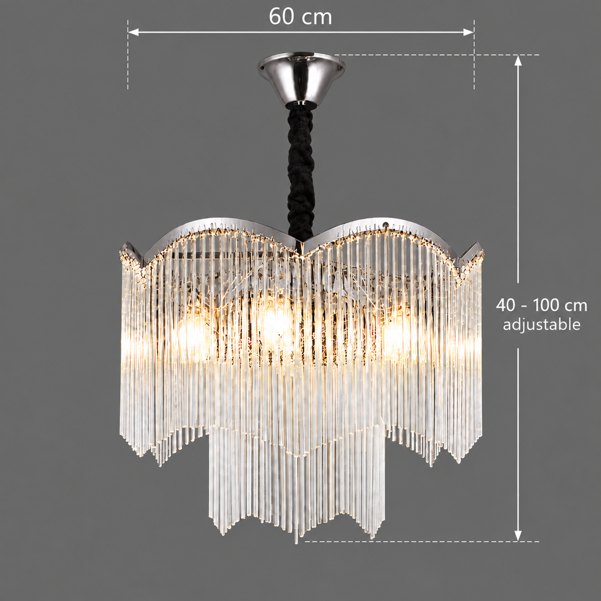 Candelabru Cristal MEKELLE Magno, 10x E14, Diametru 60cm, Metal si Cristal, Crom Lucios, Inaltime Reglabila