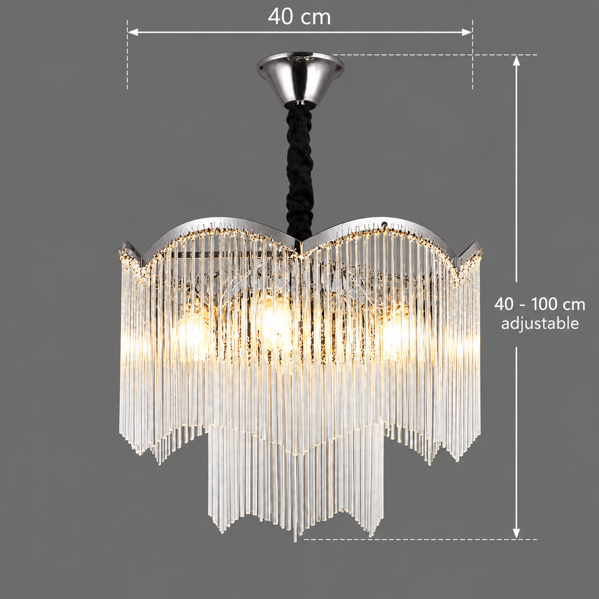 Candelabru Cristal MEKELLE Nobile, 6x E14, Diametru 40cm, Metal si Cristal, Crom Lucios, Inaltime Reglabila