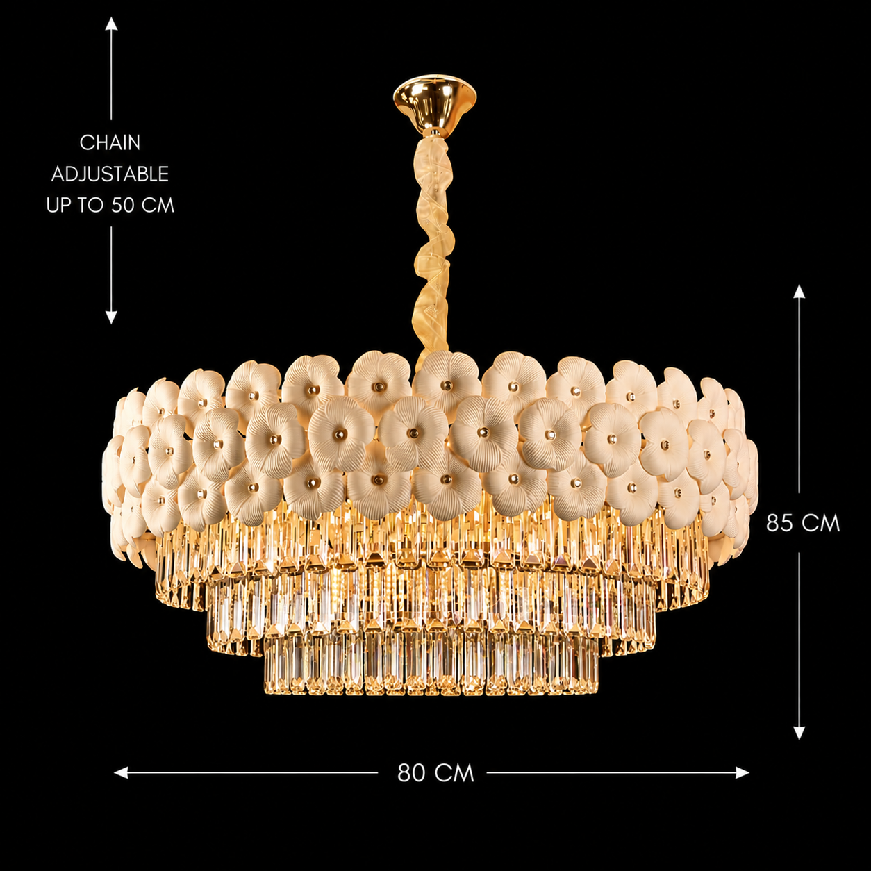 Candelabru Cristal PETAL Regalis 15xE14, D80 cm, Auriu, Inaltime Reglabila, Metal si Cristal