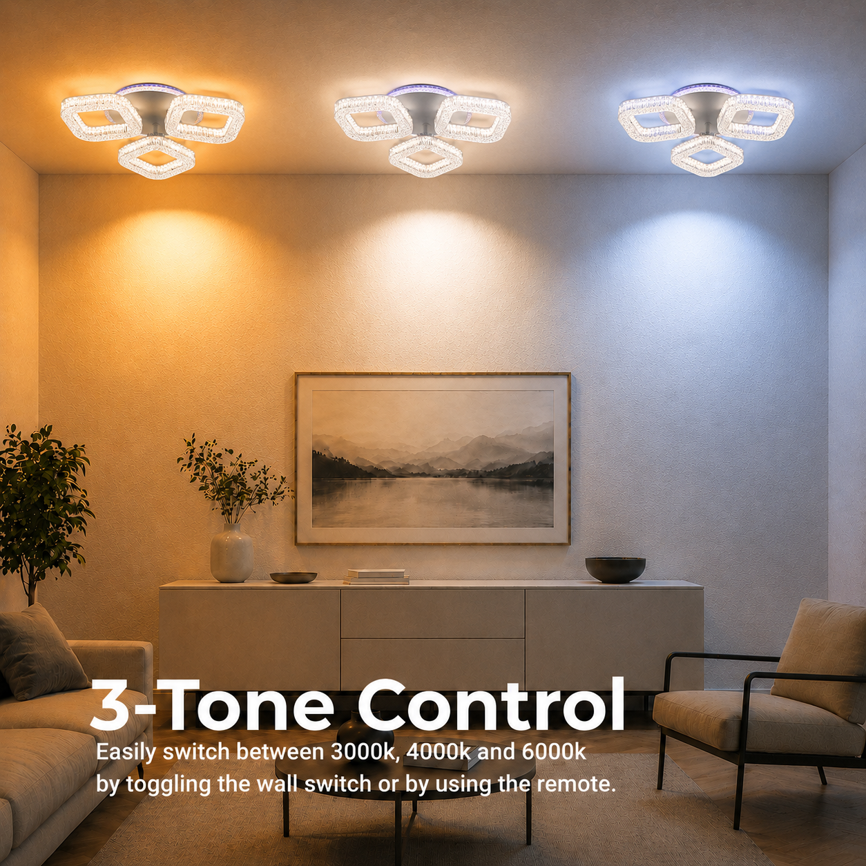 Lustra LED RENATO Nobile cu telecomanda si cristal, 39W, 3 Patrate, Lumina Rece/Calda/Neutra, Dimabila, Alb