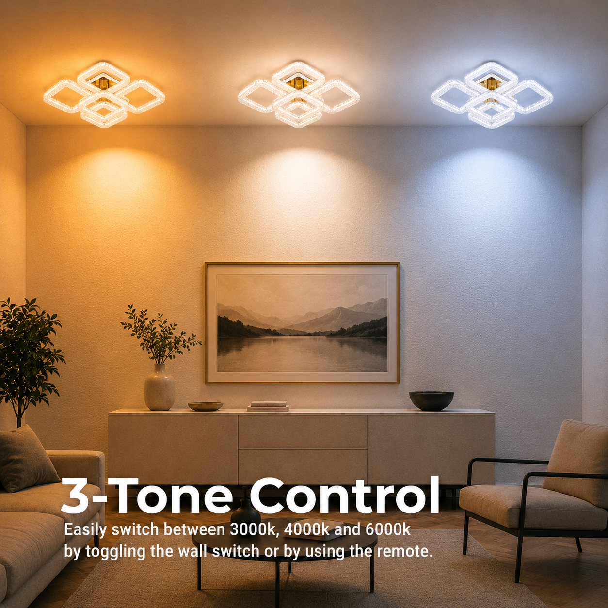 Lustra LED RENATO Magno cu telecomanda si cristal, 118W, 5 Patrate, Lumina Rece/Calda/Neutra, Dimabila, Auriu