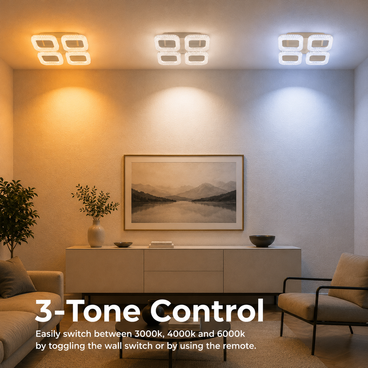 Lustra LED RENATO Nobile cu telecomanda si cristal, 54W, 4 Patrate, Lumina Rece/Calda/Neutra, Dimabila, Alb