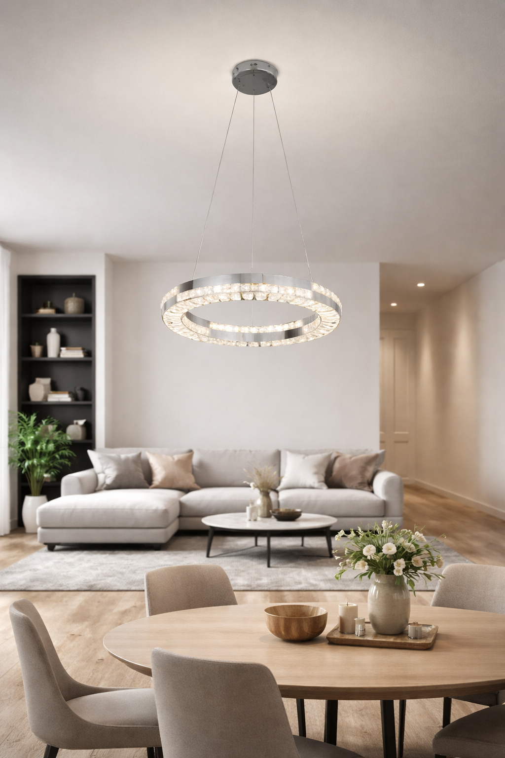 Candelabru LED cu Telecomanda, 60W, POLAR, Diametru 50 cm, Inaltime 120 cm, Lumina Rece/Neutra/Calda, Dimabila, Argintiu, Cristal, Metal