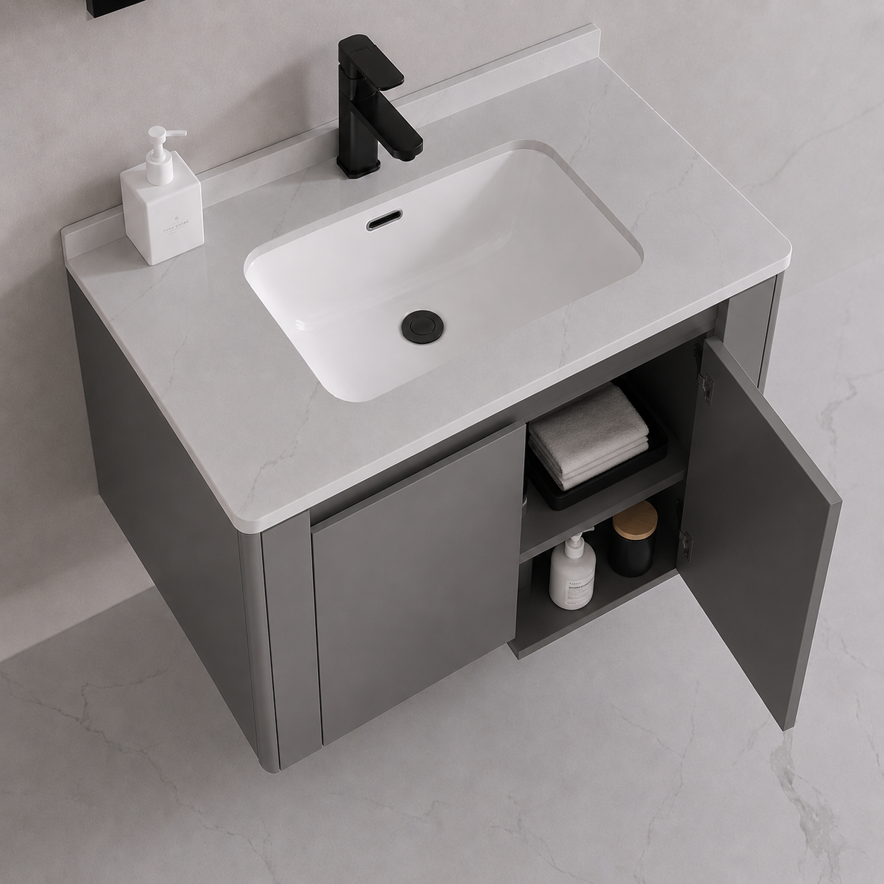 Set Mobilier TIVOLI pentru Baie ,Dulap Lavoar+Dulap Oglinda 80cm, 2 Piese, Gri si Alb