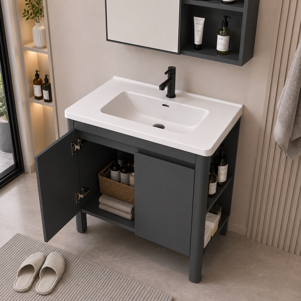Set Mobilier VION pentru Baie ,Dulap Lavoar+Dulap Oglinda 60cm, 2 Piese, Gri si Alb