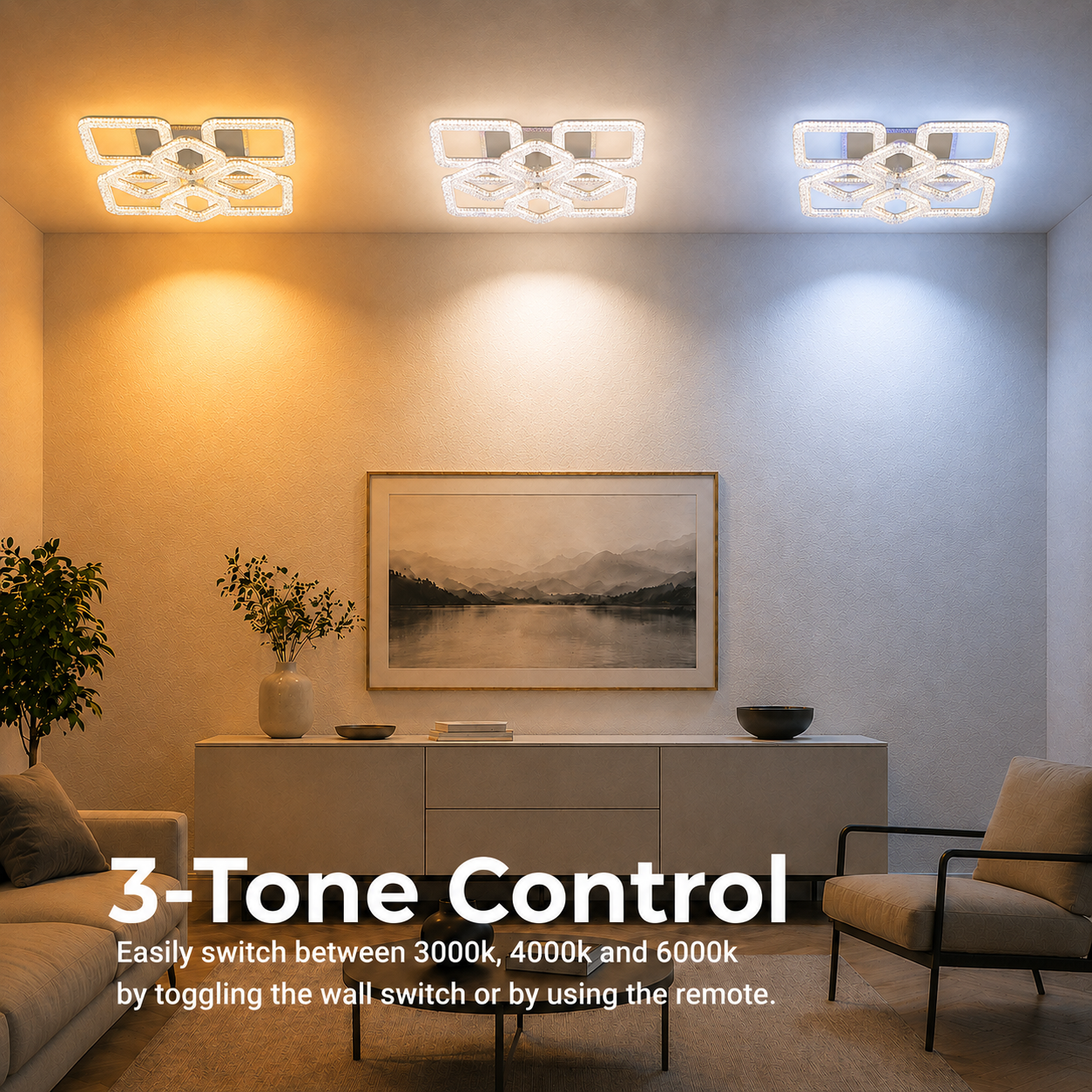 Lustra LED RENATO Magno cu telecomanda si cristal, 128W, 8 Patrate, Lumina Rece/Calda/Neutra, Dimabila, Alb