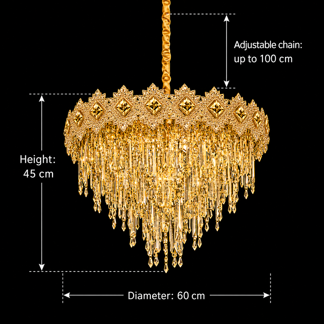 Candelabru Cristal FLEUR Magno 12xE14, Diametru 60cm, Inaltime 45cm, Auriu Lucios, Inaltime Reglabila, Design Elegant