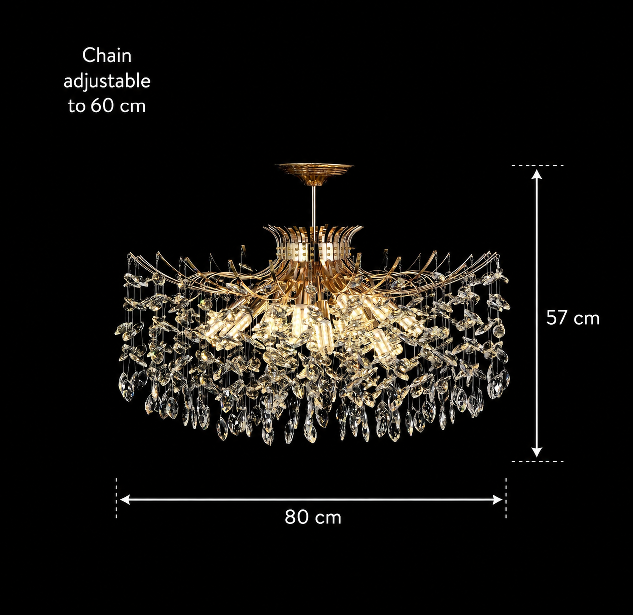 Candelabru Cristal PROWES Regalis, 14xE14, D80 cm, Auriu, Inaltime Reglabila, Metal si Cristal