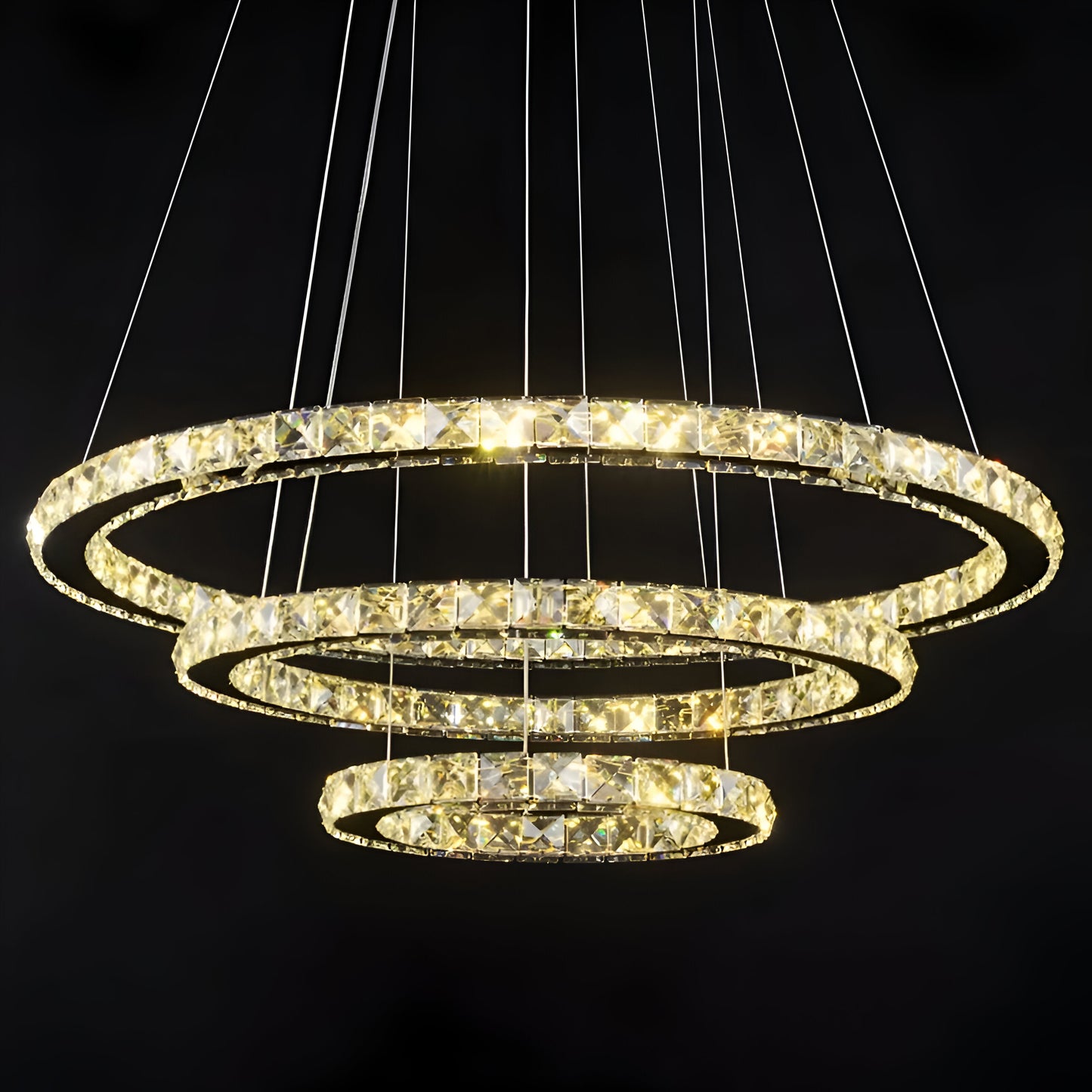 Lustra LED suspendata cu telecomanda si cristal PRISM LUMINIS 78W, 3 Cercuri, lumina Rece/Calda/Neutra, Dimabila, Argintiu, Inaltime Reglabila