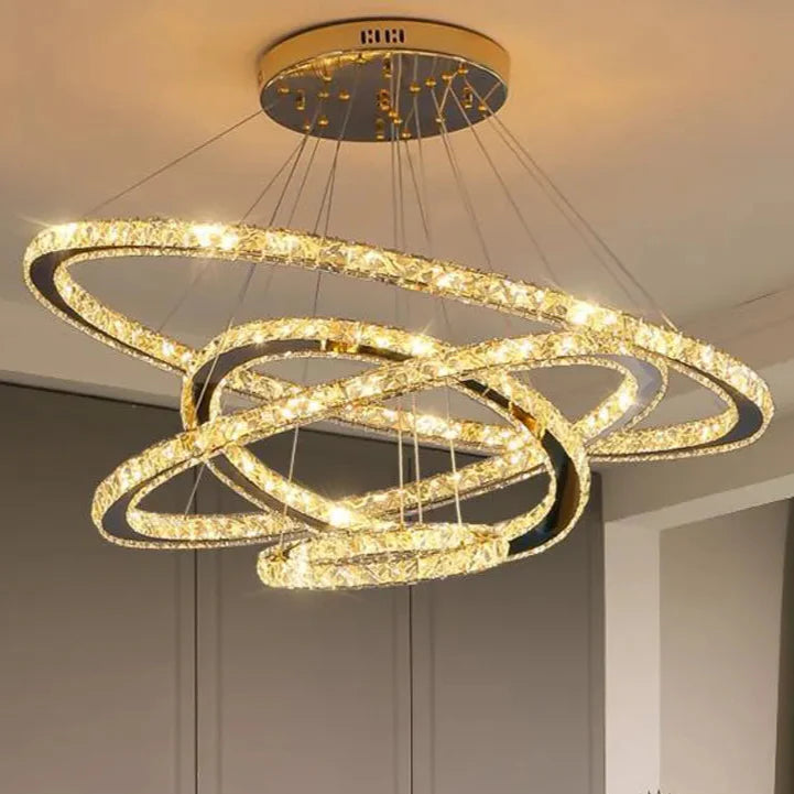 Lustra LED PRISM Luminis, Cristal si Metal, 4 Cercuri, Dimabila, Inaltime Reglabila, Lumina Rece/Calda/Neutra, Iluminat Luxos