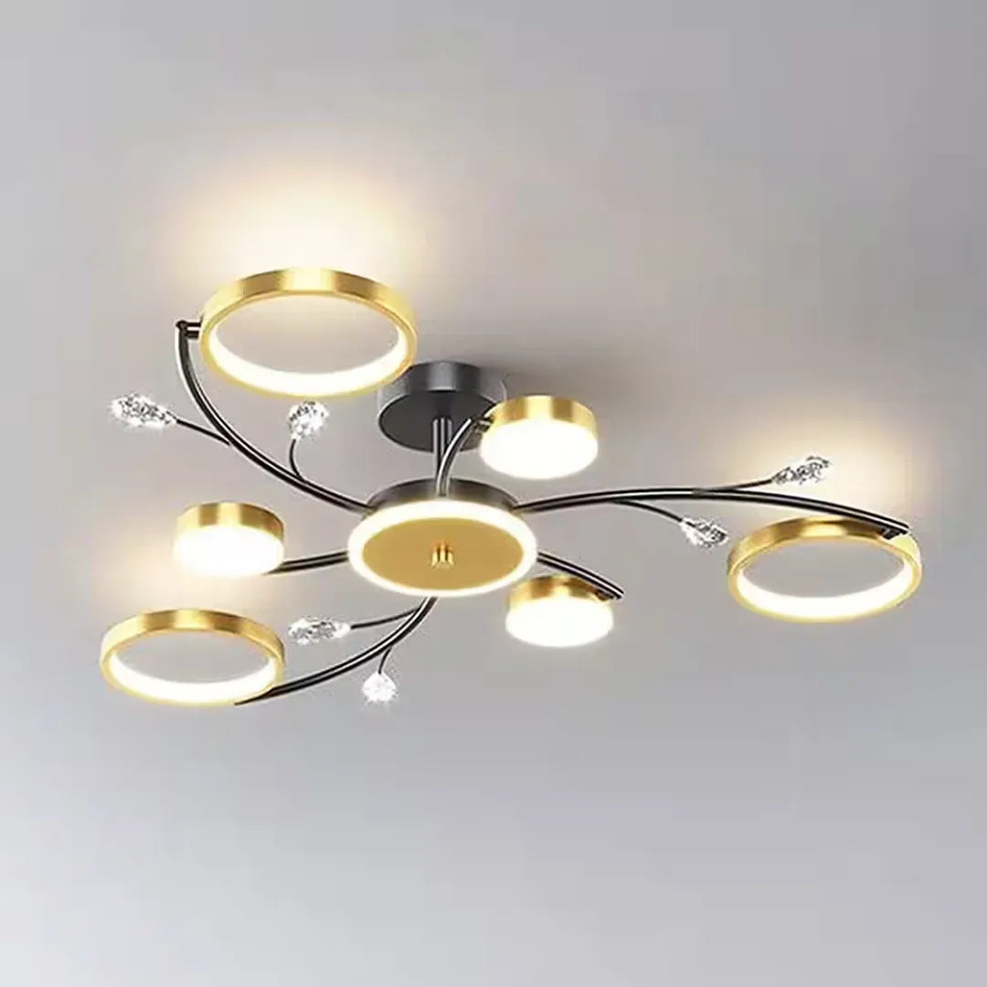 Lustra LED cu Telecomnda KARINA, 61W, 6 Elemente, Lumina Calda/Rece/Neutra, Dimabila, Auriu
