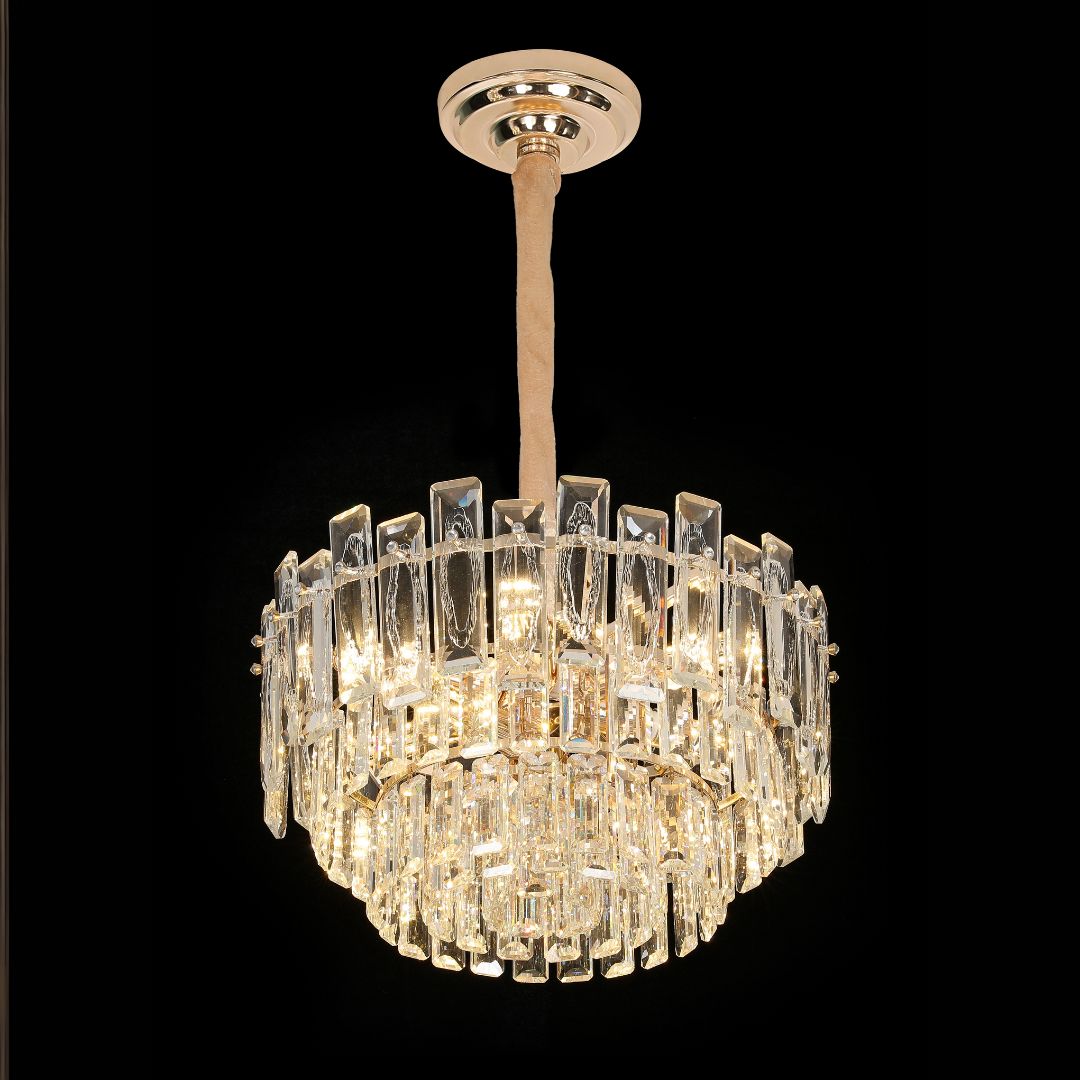 Candelabru Cristal FONTAINEBLEAU Eleganza, 9x E14, Diametru 45cm, Auriu, Inaltime Reglabila
