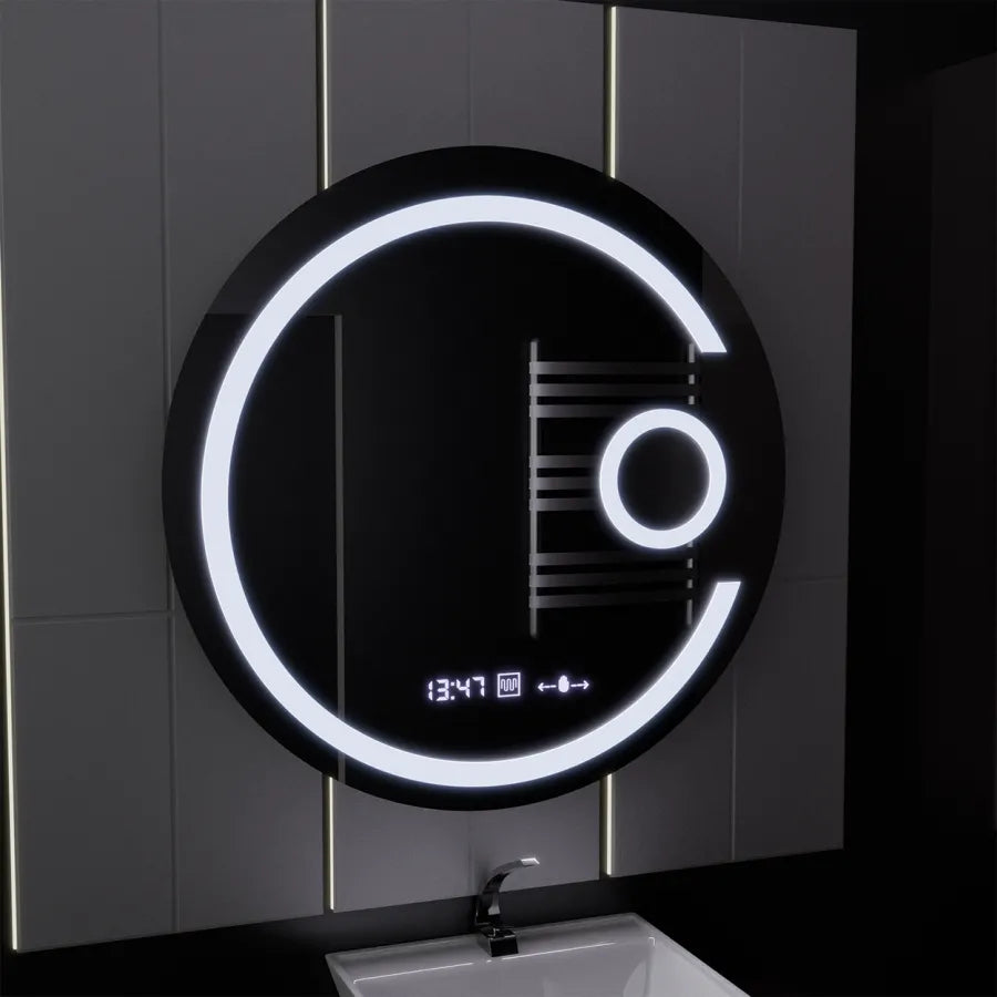 Oglinda LED Rotunda, 70cm, Visio MotionGlow Marcello, Sistem Dezaburire, Ceas & Termometru, Lupa Cosmetica, Dimabila