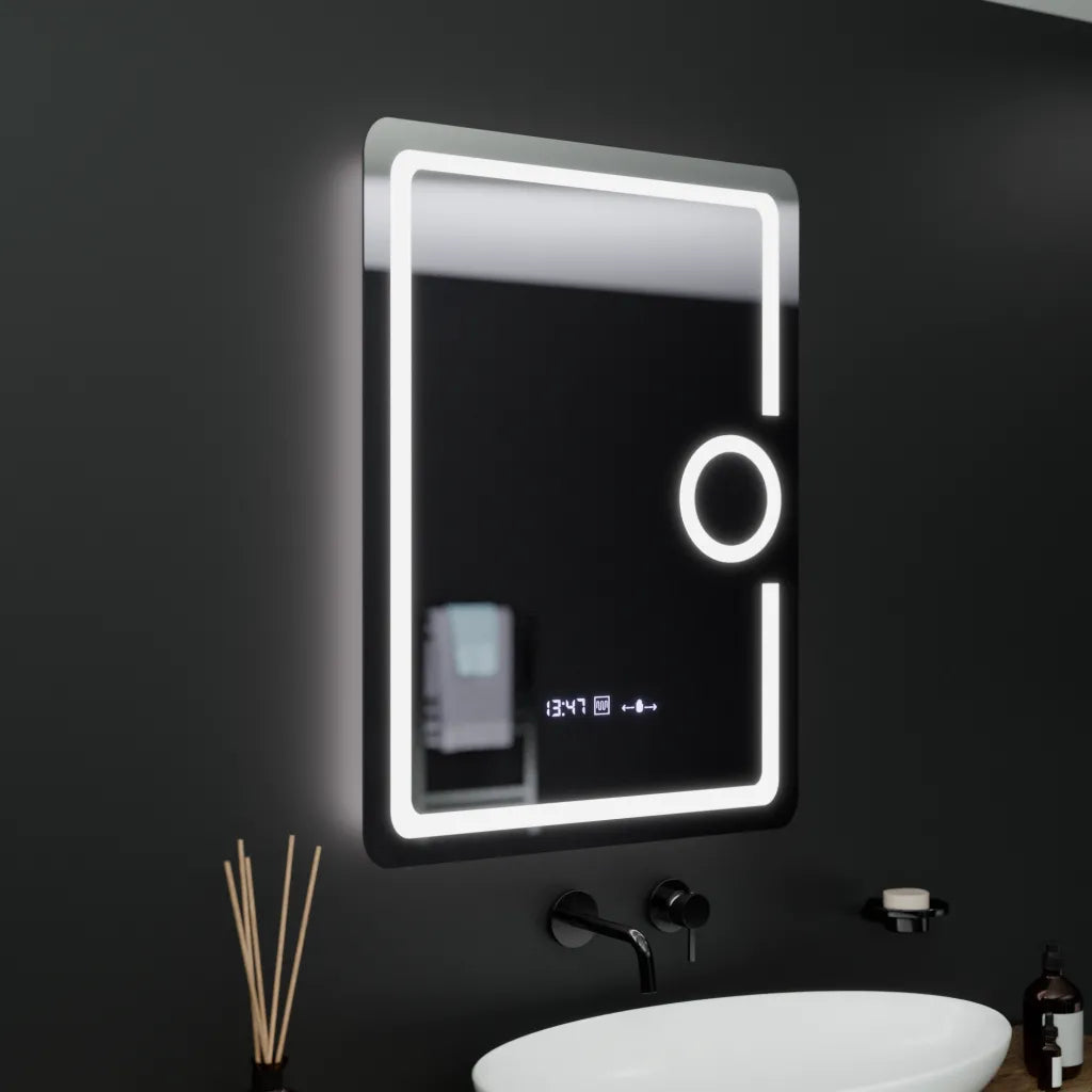 Oglinda LED Rectangulara, 60x80cm, Eclat MotionGlow Marcello, Ceas & Termometru, Sistem Dezaburire, Lupa Cosmetica, Dimabila