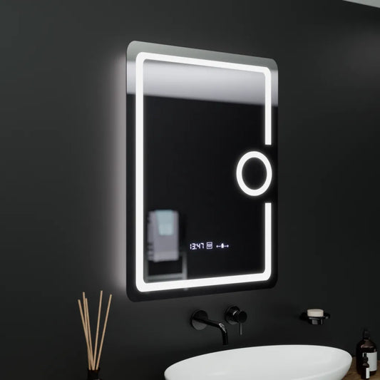 Oglinda LED Rectangulara, 60x80cm, Eclat MotionGlow Marcello, Ceas & Termometru, Sistem Dezaburire, Lupa Cosmetica, Dimabila