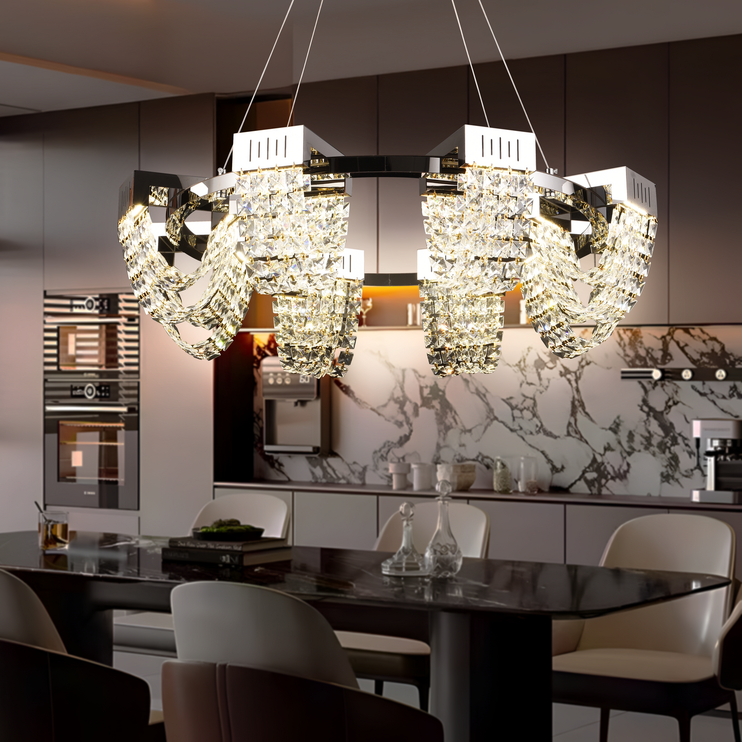 Candelabru Cristal LED 24W, STRATUS Regalis, Diametru 80cm, Crom Lucios, Inaltime Reglabila, Lumina Calda Neutra Rece 3000K/4000K/6000K, Metal si Cristal