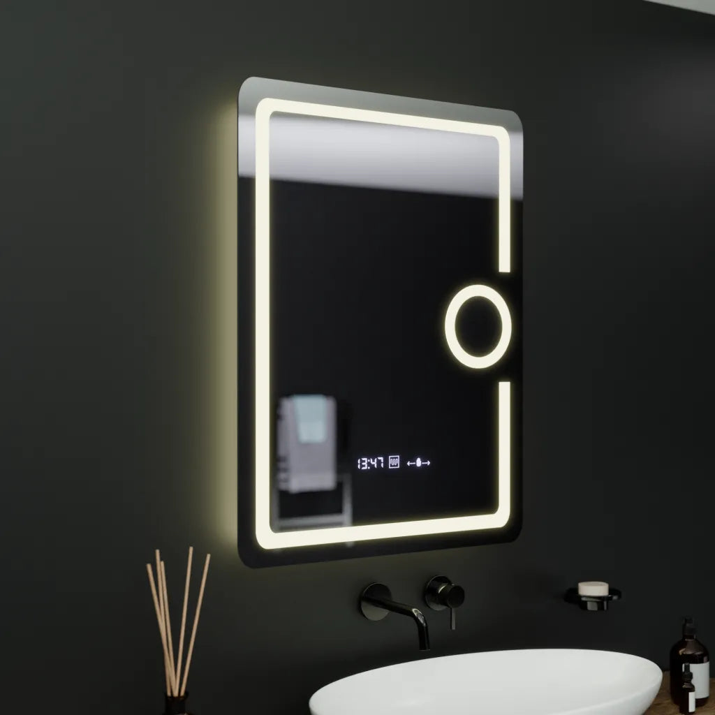 Oglinda LED Rectangulara, 60x80cm, Eclat MotionGlow Marcello, Ceas & Termometru, Sistem Dezaburire, Lupa Cosmetica, Dimabila