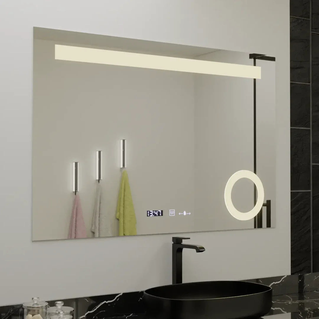 Oglinda LED Rectangulara, 100x75cm, ABSOLU MotionGlow Marcello, Sistem Dezaburire, Ceas & Termometru, Lupa Cosmetica, Dimabila