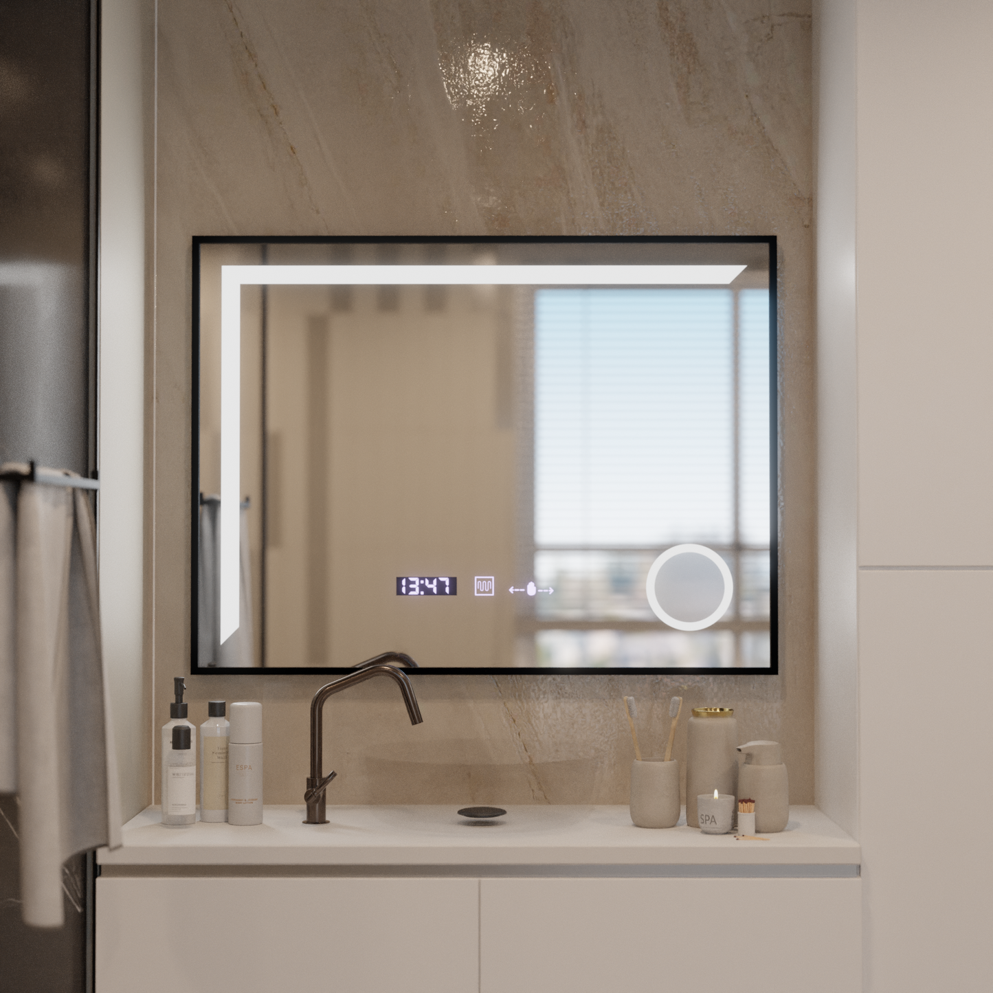 Oglinda LED Senzor MotionGlow Francesca 80x60 cm Lumina Calda/Rece/Neutra Dimabila Sistem Dezaburire Termometru Ceas Colectia Marcello Funghi