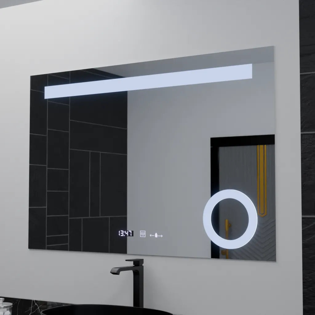 Oglinda LED Rectangulara, 120x80cm, ABSOLU MotionGlow Marcello, Sistem Dezaburire, Ceas & Termometru, Lupa Cosmetica, Dimabila