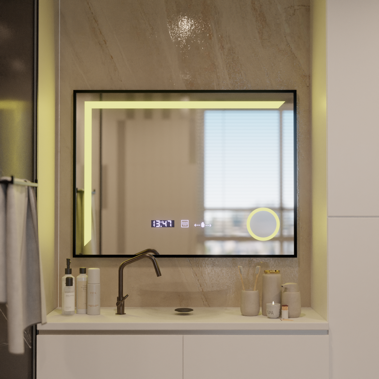 Oglinda LED Senzor MotionGlow Francesca 80x60 cm Lumina Calda/Rece/Neutra Dimabila Sistem Dezaburire Termometru Ceas Colectia Marcello Funghi
