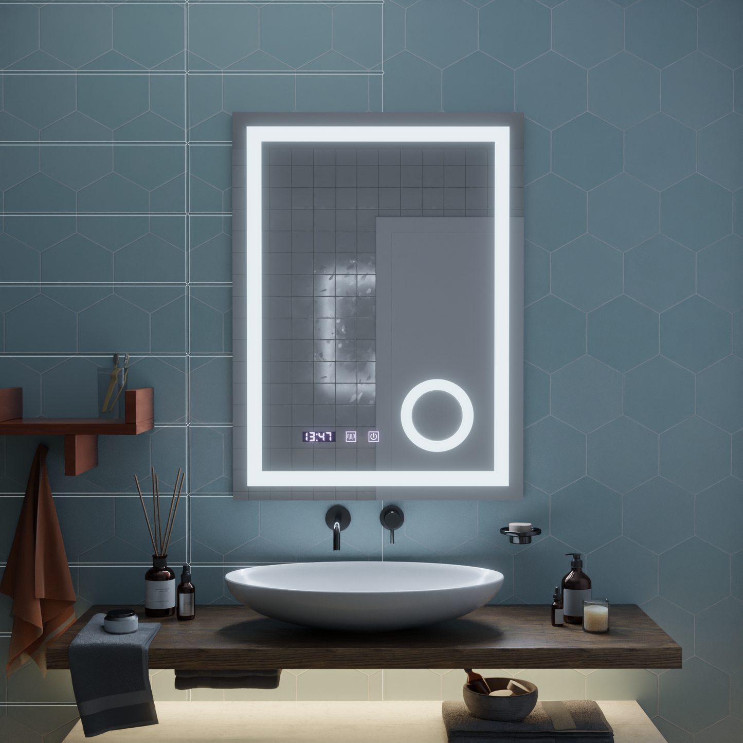 Oglinda LED Touch NIVERA Sistem Dezaburire, Ceas si Temperatura 60x80 cm Lupa Cosmetica