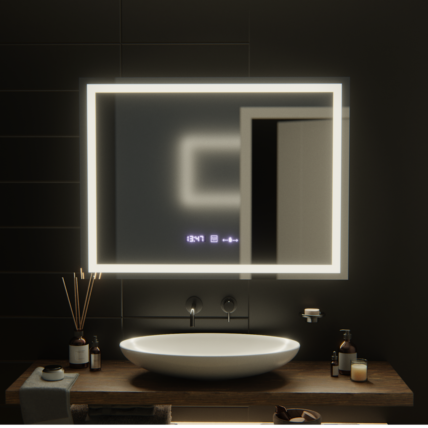 Oglinda LED Rectangulara, 100x75cm, Verite MotionGlow Marcello, Sistem Dezaburire, Ceas & Termometru, Dimabila