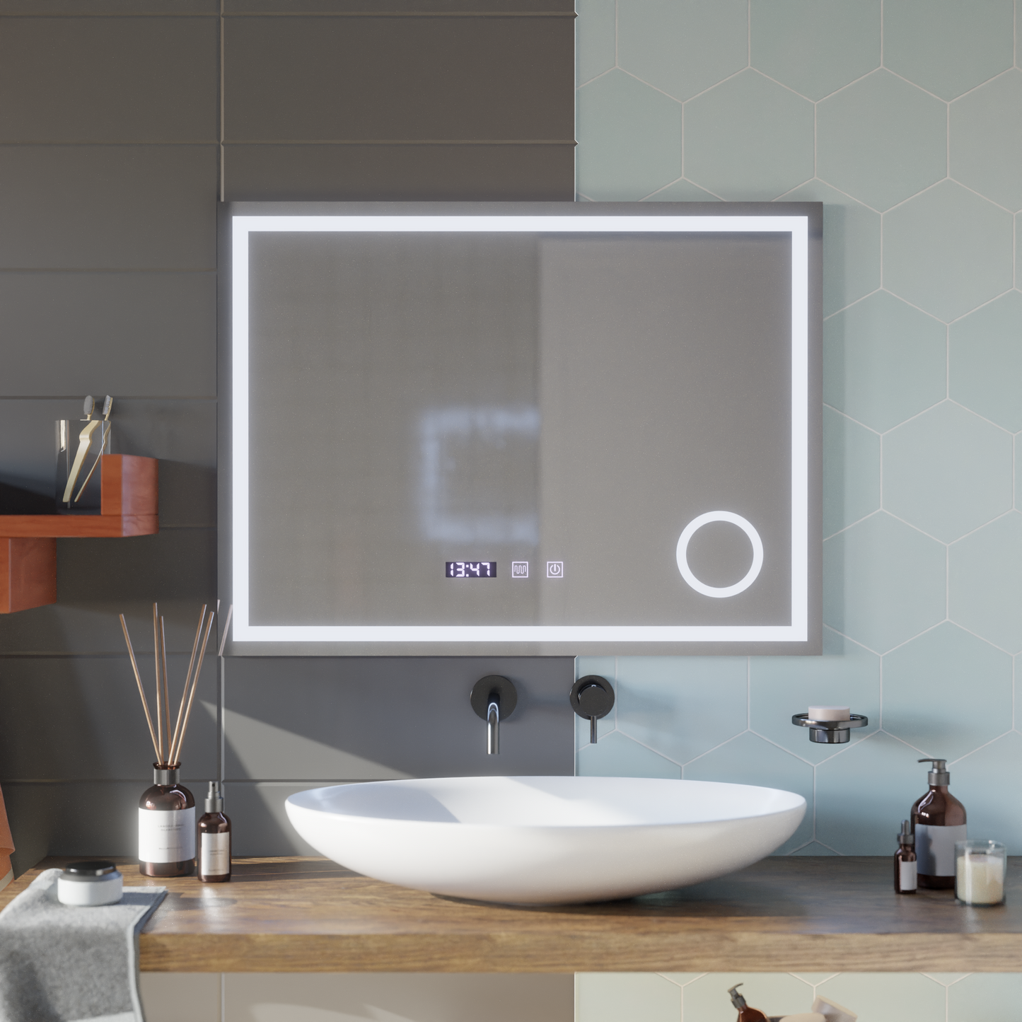 Oglinda LED Touch NIVERA Sistem Dezaburire, Ceas si Temperatura 80x60 cm Lupa Cosmetica