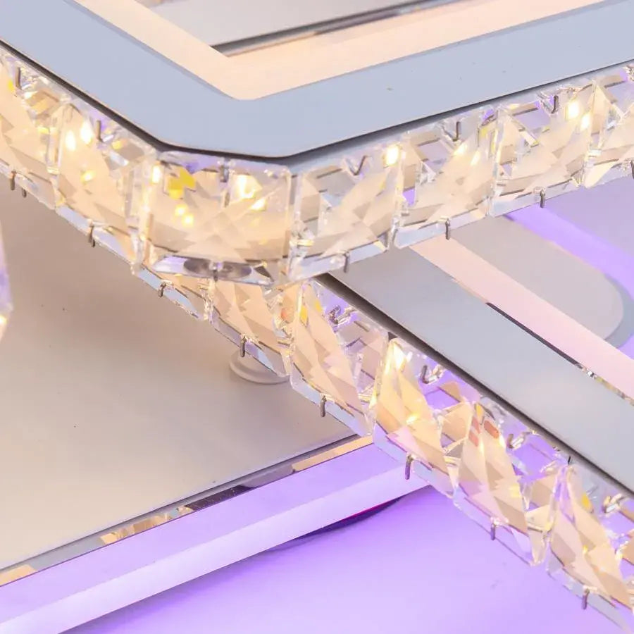 Lustra LED cu telecomanda si cristal LEILA 237W, 8 Patrate, lumina Rece/Calda/Neutra, Dimabila, Alb Crom Lucios
