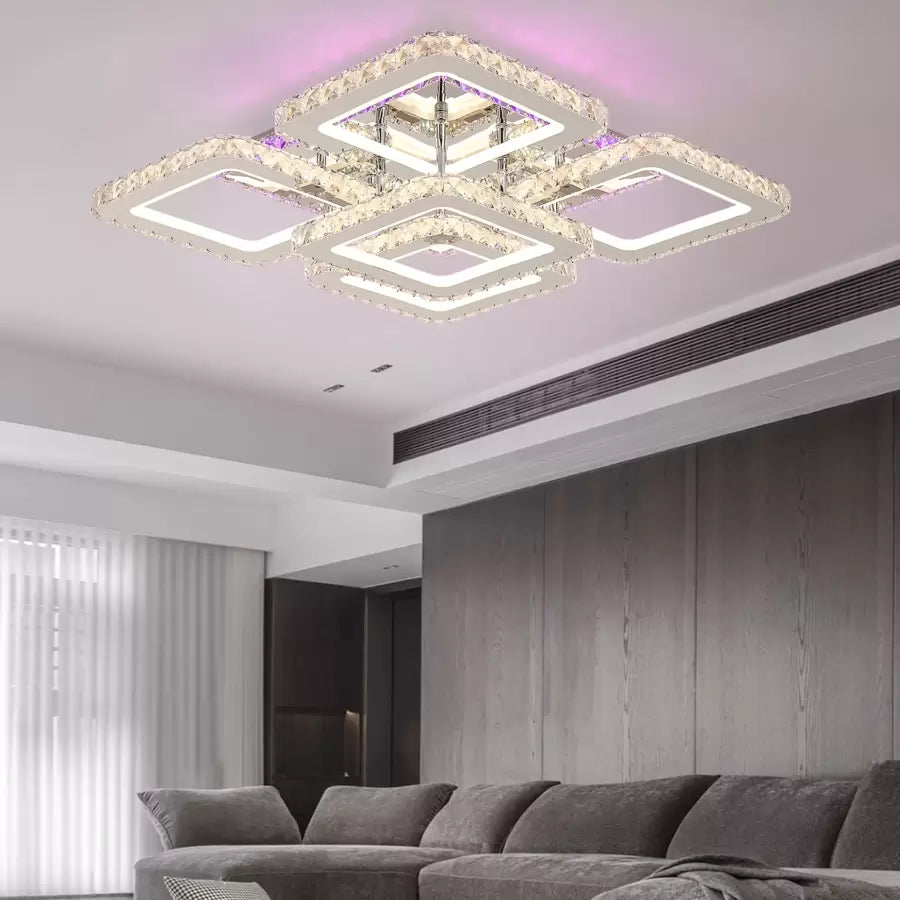 Lustra LED cu telecomanda cu cristal QUADRIA SUPREMO RGB, 148W, 5 Patrate, lumina Rece/Calda/Neutra, Dimabila, Crom Lucios