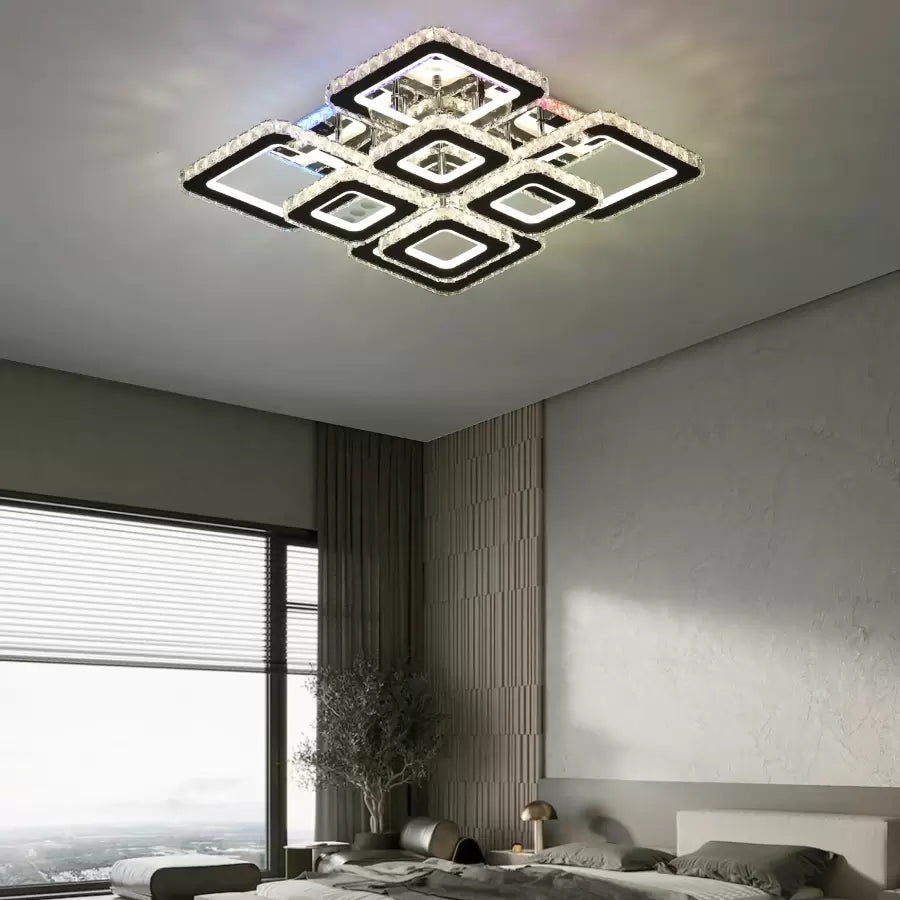 Lustra LED cu telecomanda si cristal QUADRIA SUPREMO RGB 198W, 8 Patrate, lumina Rece/Calda/Neutra, Dimabila, Crom Lucios