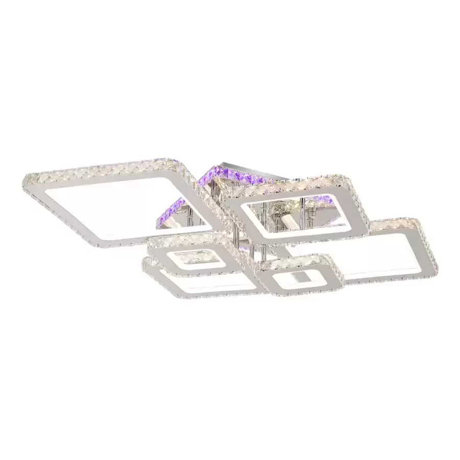 Lustra LED cu telecomanda si cristal NOVA RHOMBA RGB 178W, 6 Patrate, lumina Rece/Calda/Neutra, Dimabila, Crom Lucios