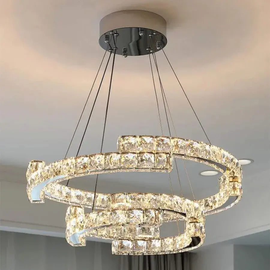 Lustra LED suspendata cu telecomanda si cristal MIA LATIFAH 70W, 2 Cercuri, lumina Rece/Calda/Neutra, Dimabila, Crom Lucios, Inaltime Reglabila