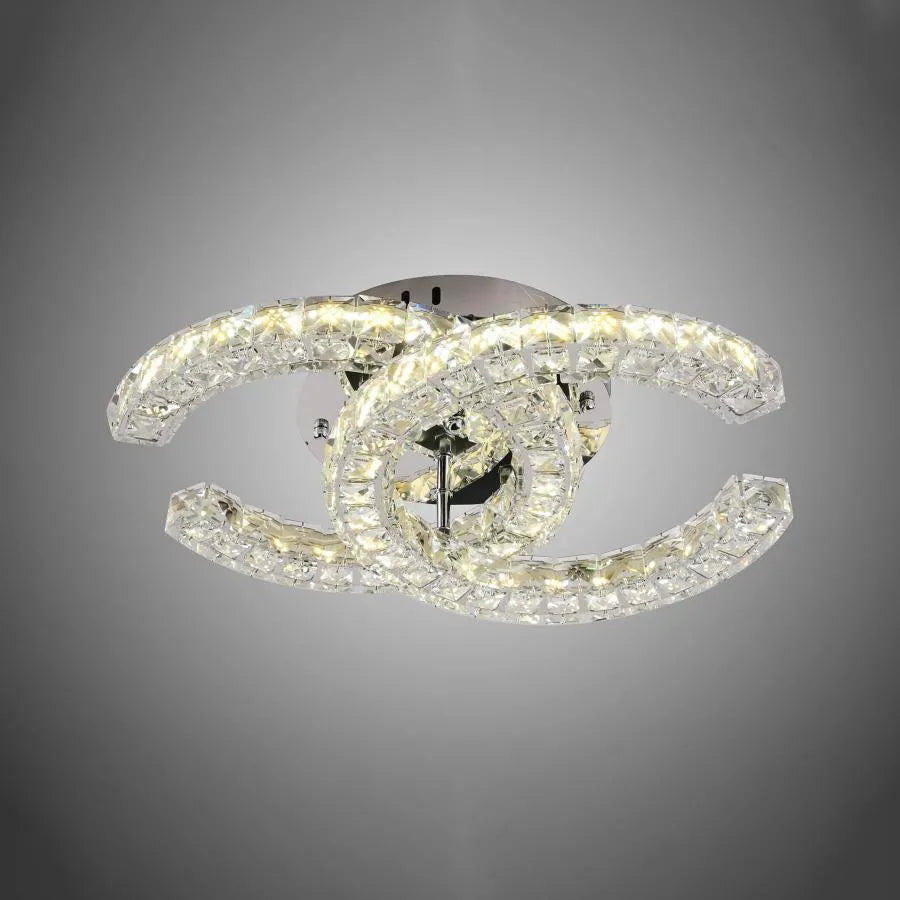Lustra LED cu telecomanda si cristal SHIA 27W, 2 Cercuri, lumina Rece/Calda/Neutra, Dimabila, Crom Lucios