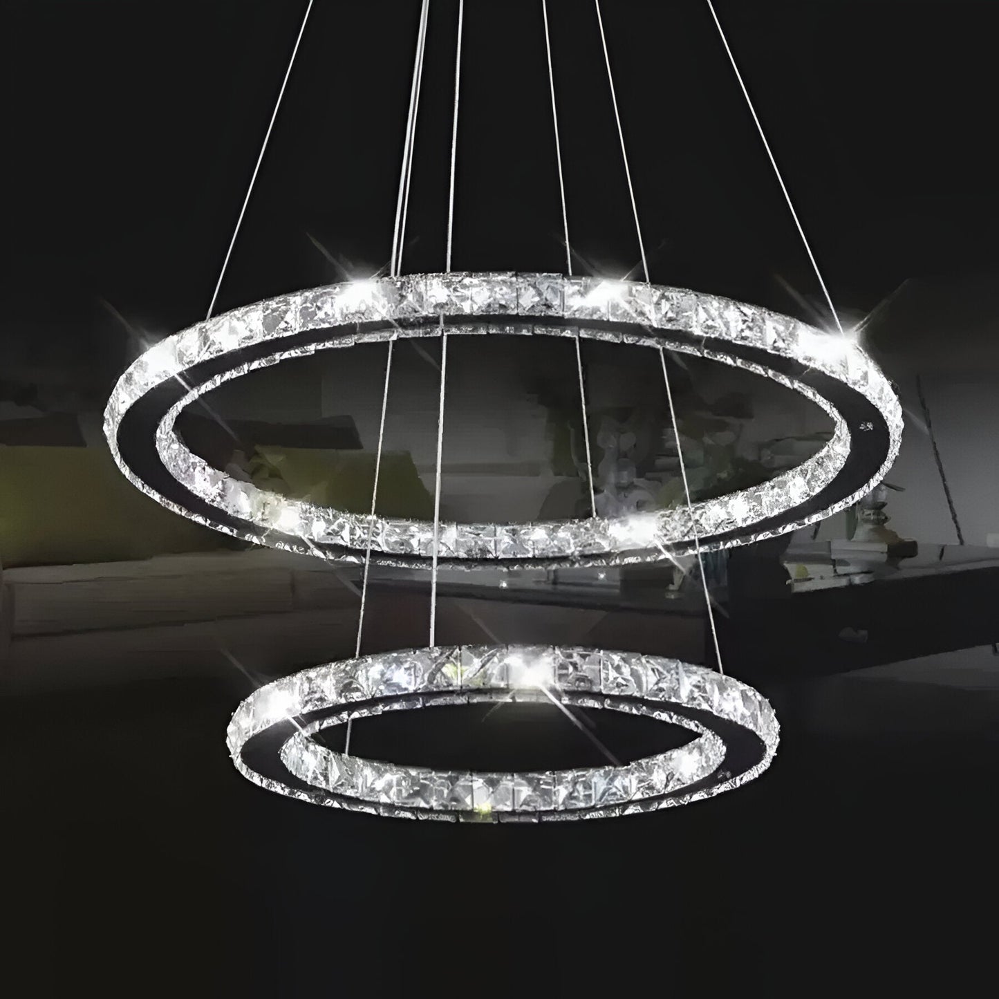 Lustra LED cu telecomanda si cristal PRISM LUMINIS 58W, 2 Cercuri, lumina Rece/Calda/Neutra, Dimabila, Argintiu, Inaltime Reglabila