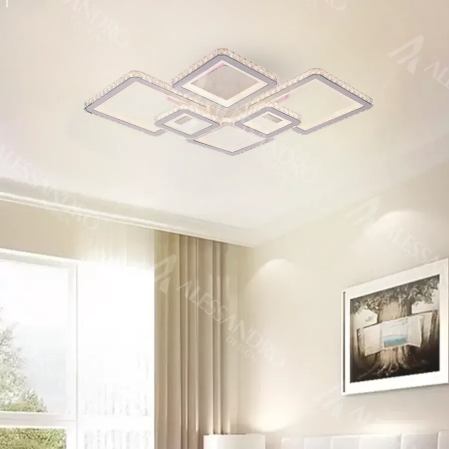 Lustra LED cu telecomanda si cristal QUADRIS RGB 240W, 6 Patrate, lumina Rece/Calda/Neutra, Dimabila, Alb