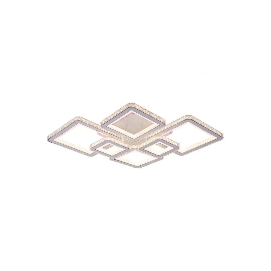 Lustra LED cu telecomanda si cristal QUADRIS RGB 240W, 6 Patrate, lumina Rece/Calda/Neutra, Dimabila, Alb